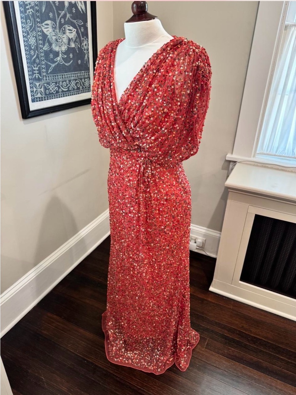 Mac Duggal Sequin Draped V-Neck Maxi Gown